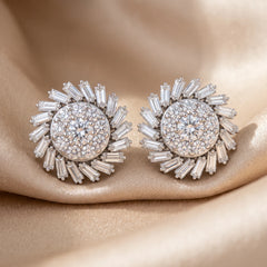 2.38 CT Round & Tapered Baguette Diamond Halo Stud Earrings