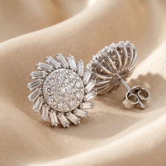 2.38 CT Round & Tapered Baguette Diamond Halo Stud Earrings
