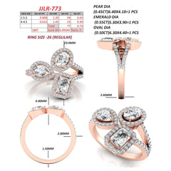 2.23 CT Pear, Emerald-cut & Oval Diamond Halo Trio Ring