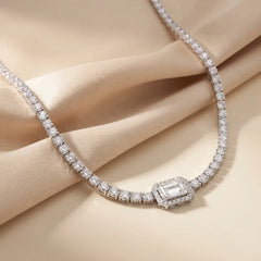12.21 CT Emerald & Round-Cut Diamond Halo Tennis Necklace