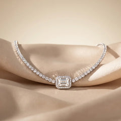 12.21 CT Emerald & Round-Cut Diamond Halo Tennis Necklace