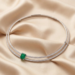 10.50 CT Emerald-cut Green Emerald & Round Diamond Double Row Collar Necklace