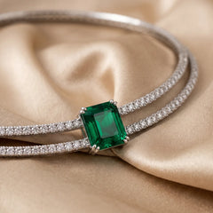 10.50 CT Emerald-cut Green Emerald & Round Diamond Double Row Collar Necklace
