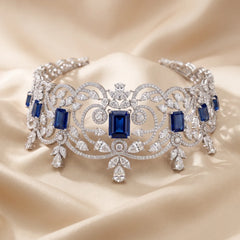 80.30 CT Multi Shape Diamond Collar Necklace with Emerald-cut Sapphires