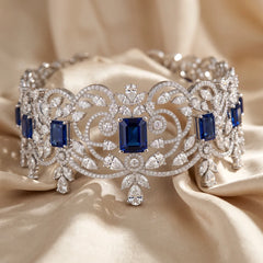 80.30 CT Multi Shape Diamond Collar Necklace with Emerald-cut Sapphires