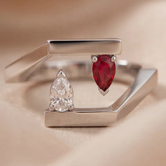 0.32 CT Pear Diamond & Ruby Architectural Open Ring