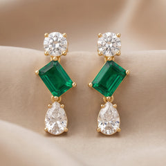 3.6 CT Emerald & Diamond Kite-Set Three-Stone Drop Earrings