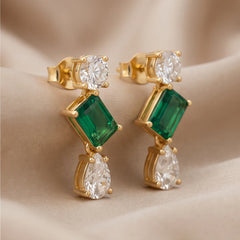 3.6 CT Emerald & Diamond Kite-Set Three-Stone Drop Earrings