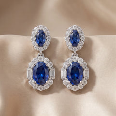 3.18 CT Sapphire & Diamond Oval Double Halo Drop Earrings