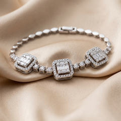 1.33 CT Baguette & Round Diamond Halo Station Bracelet
