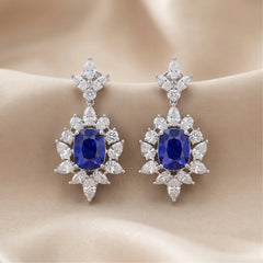 6.23 CT Oval Sapphire & Diamond Sunburst Halo Drop Earrings