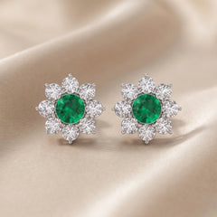 6.6 CT Emerald & Diamond Round Flower Halo Stud Earrings