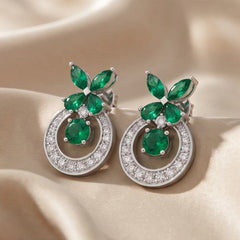 3.08 CT Green Emerald Floral Cluster Open Circle Drop Earrings