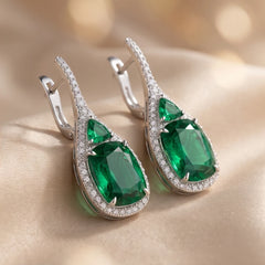 11.21 CT Long Cushion Emerald Halo Drop Earrings