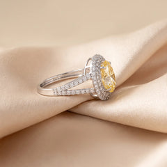 2.77 CT Oval Cut Double Halo Yellow Diamond Ring