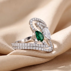1.3 CT Pear Cut Bypass Ring with Green Emerald