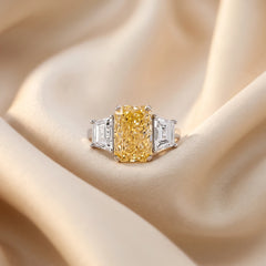 7.25 CT Radiant Cut Three Stone Ring – Yellow Diamond Center