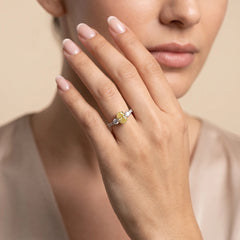 2.23 CT Oval Cut Three Stone Ring – Fancy Yellow Center, Pavé Band