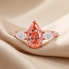 3.78 CT Pear Cut Orange-Pink Three Stone Pave Band Ring