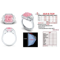 5.74 CT Pink Square Emerald Cut Halo Three Stone Ring