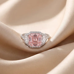 5.74 CT Pink Square Emerald Cut Halo Three Stone Ring