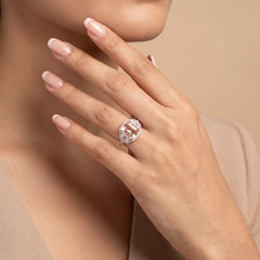 5.74 CT Pink Square Emerald Cut Halo Three Stone Ring