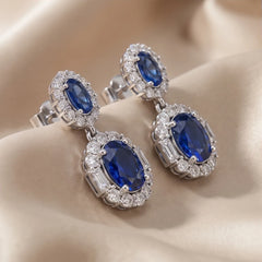 3.18 CT Sapphire & Diamond Oval Double Halo Drop Earrings