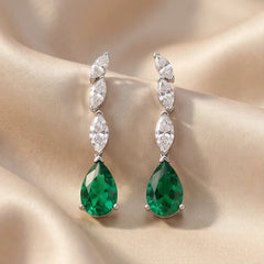 2.7 CT Pear Emerald & Marquise Diamond Drop Earrings