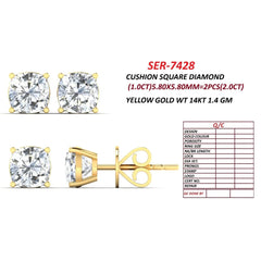 2 CT Square Cushion Diamond Stud Earrings