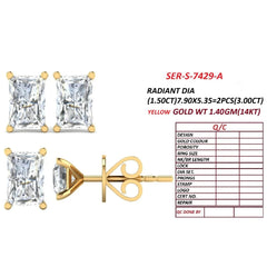 3 CT Radiant Diamond Stud Earrings