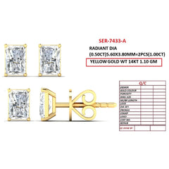 1 CT Radiant Diamond Stud Earrings