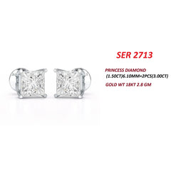 3.00 CT Princess Diamond Four Prong Stud Earrings