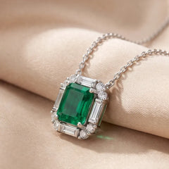 3.67 CT Emerald & Baguette-Cut Emerald Halo Pendant