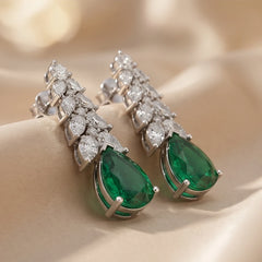 5.23 CT Pear Emerald & Diamond Graduated Cascade Drop Earrings