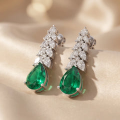 5.23 CT Pear Emerald & Diamond Graduated Cascade Drop Earrings