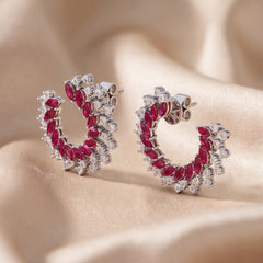 3.93 CT Marquise Ruby & Diamond Double-Row Hoop Earrings
