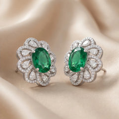 8.14 CT Oval Emerald & Pear Diamond Floral Halo Stud Earrings