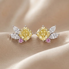 4.88 CT Yellow Cushion Diamond Cluster Stud Earrings with Pink Sapphire Accent