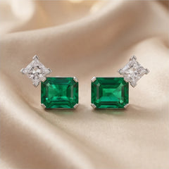 4.2 CT Emerald & Princess Diamond Two-Stone Stud Earrings