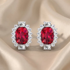 4.9 CT Long Cushion Ruby & Emerald-cut Diamond Halo Earrings