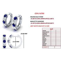 2.48 CT Round Sapphire & Baguette Diamond Huggie Hoop Earrings
