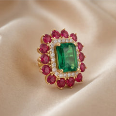 6.06 CT Emerald, Ruby & Diamond Double Halo Stud Earrings