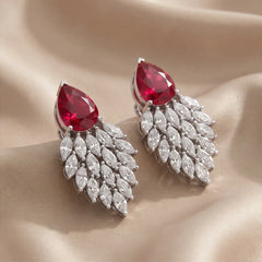 6.38 CT Ruby & Diamond Pear-Cap Marquise Leaf Chandelier Earrings