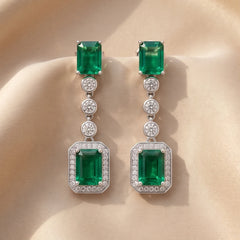 4.59 CT Emerald & Diamond Halo Drop Earrings