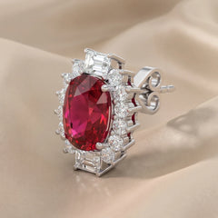 4.9 CT Long Cushion Ruby & Emerald-cut Diamond Halo Earrings