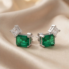 4.2 CT Emerald & Princess Diamond Two-Stone Stud Earrings
