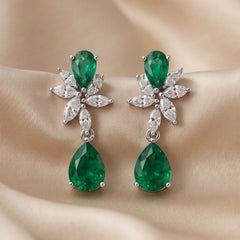 4.02 CT Emerald & Diamond Floral Marquise Cluster Drop Earrings with Pear Dangle