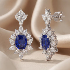 6.23 CT Oval Sapphire & Diamond Sunburst Halo Drop Earrings
