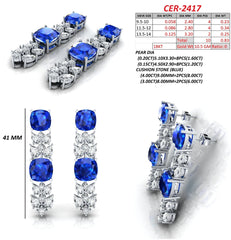 17.63 CT Cushion Sapphire & Pear Cluster Diamond Drop Earrings