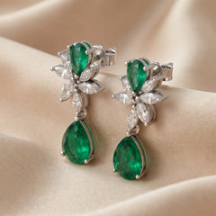 4.02 CT Emerald & Diamond Floral Marquise Cluster Drop Earrings with Pear Dangle